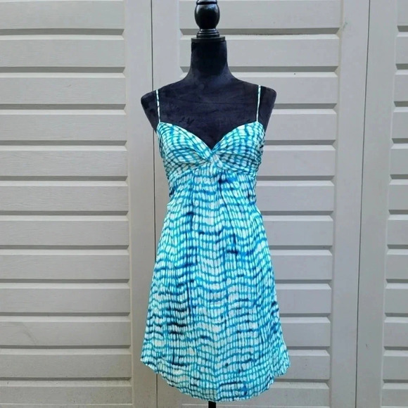 Ann Taylor 100% Silk Blue & White Turquoise Spaghetti Strap Dress Size 6 - Picture 1 of 11